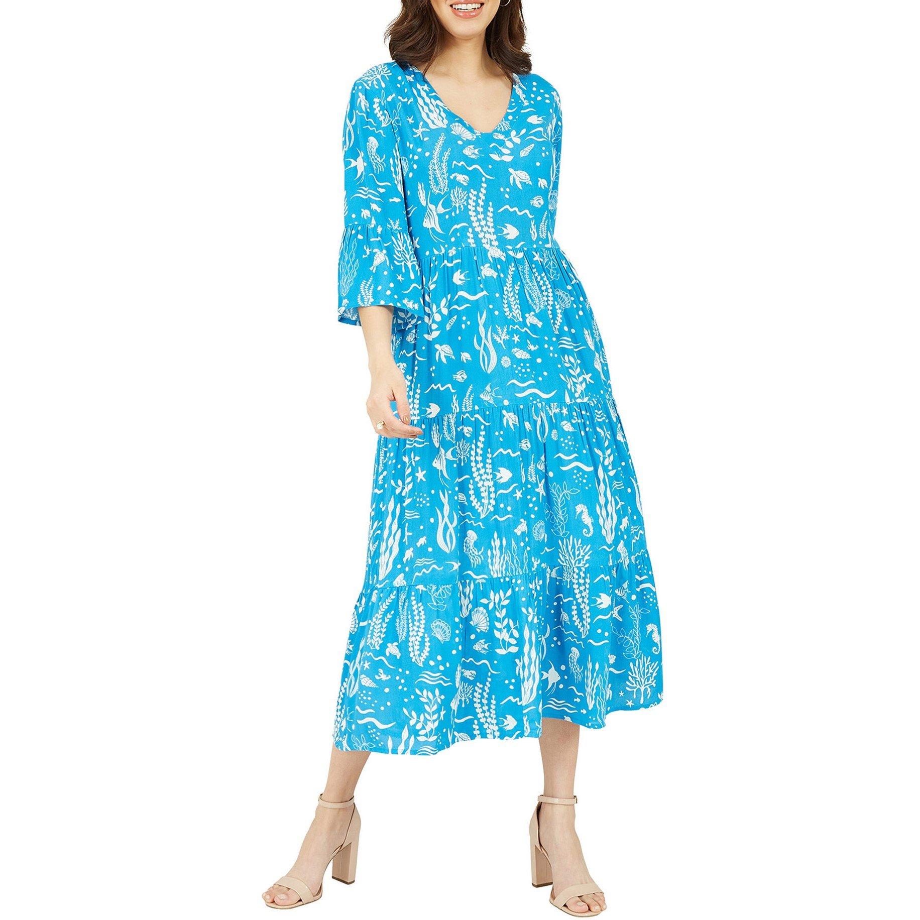 Blue - Yumi - Women's Blue Sealife Print Midi Tea Dress - 2