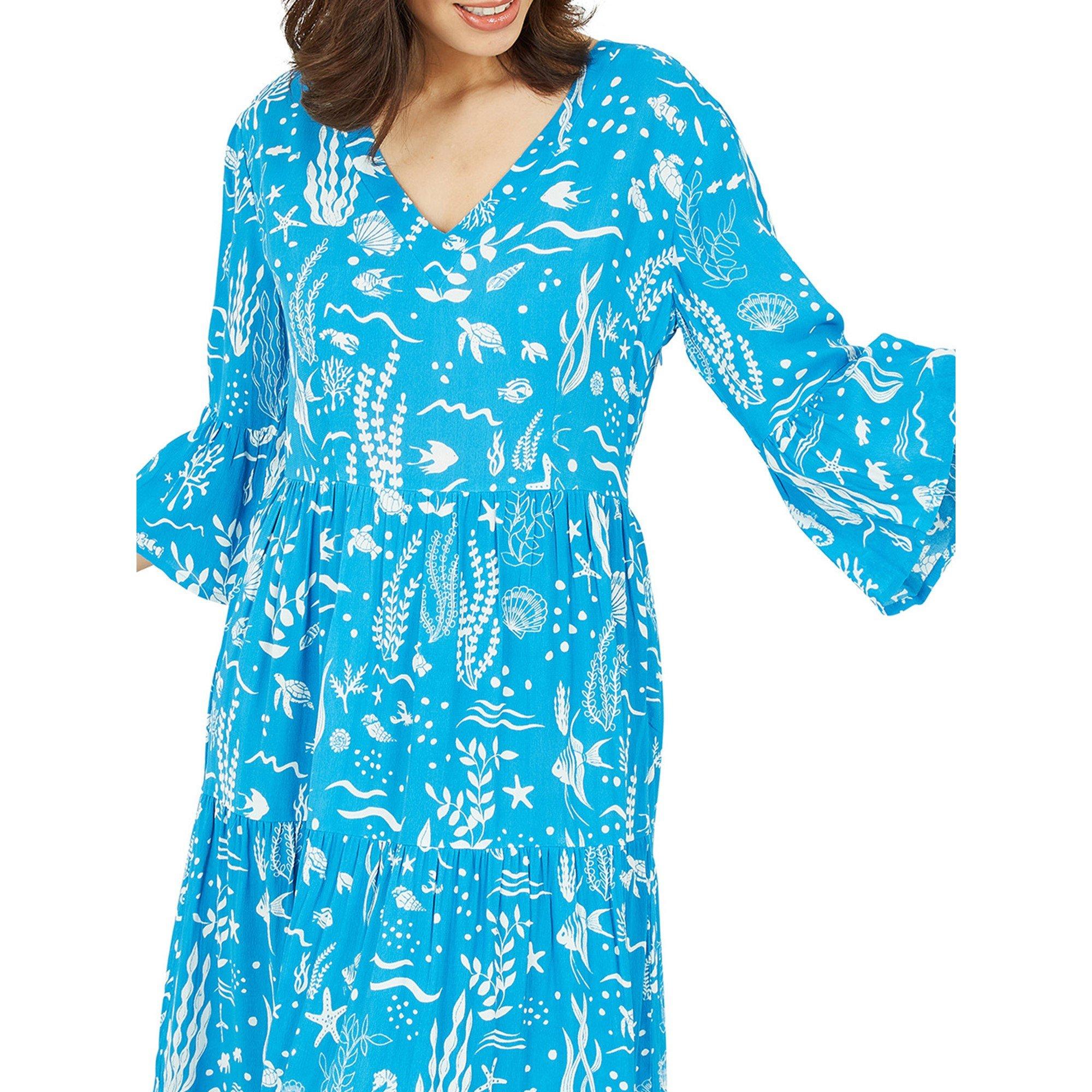 Blue - Yumi - Women's Blue Sealife Print Midi Tea Dress - 3
