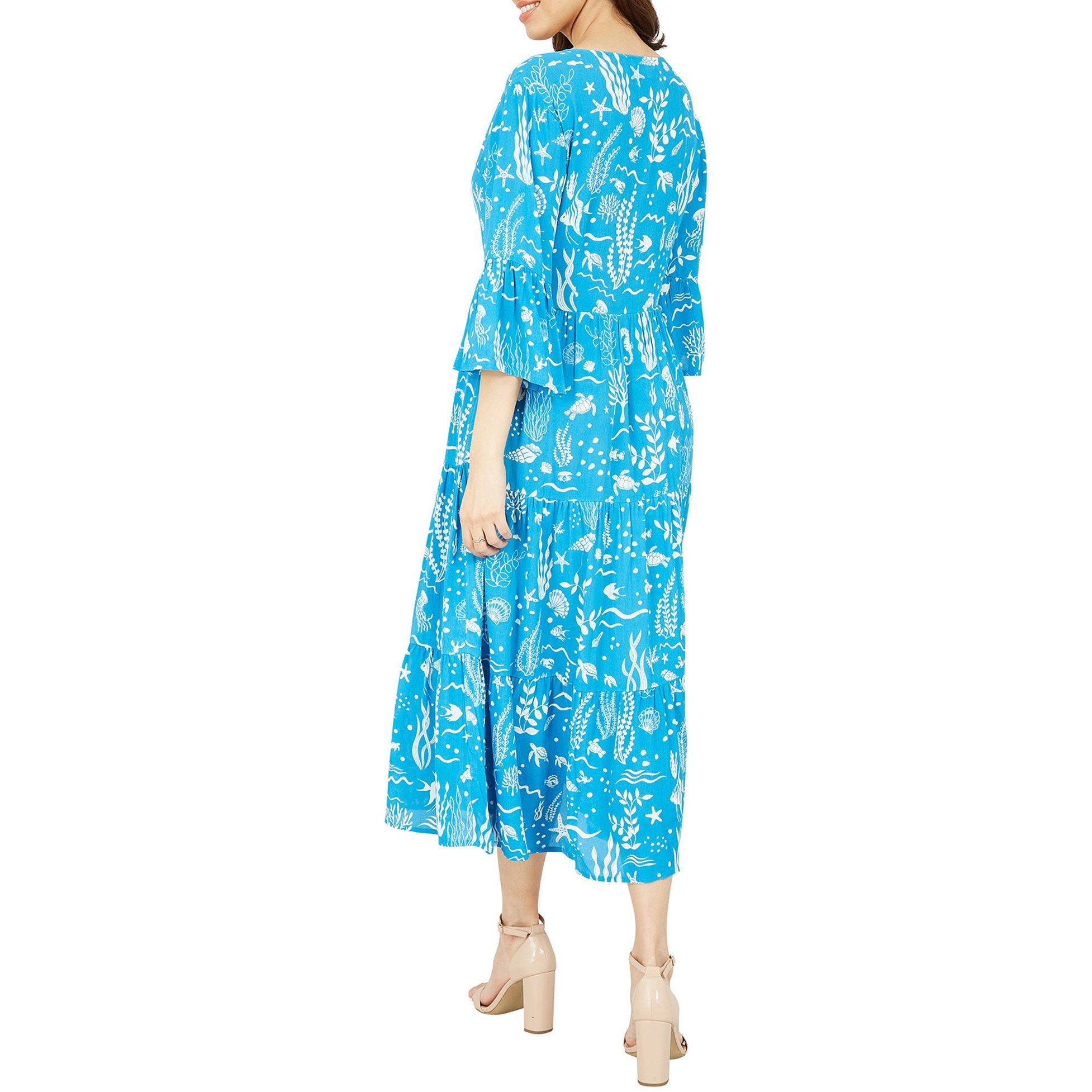 Blue - Yumi - Women's Blue Sealife Print Midi Tea Dress - 4