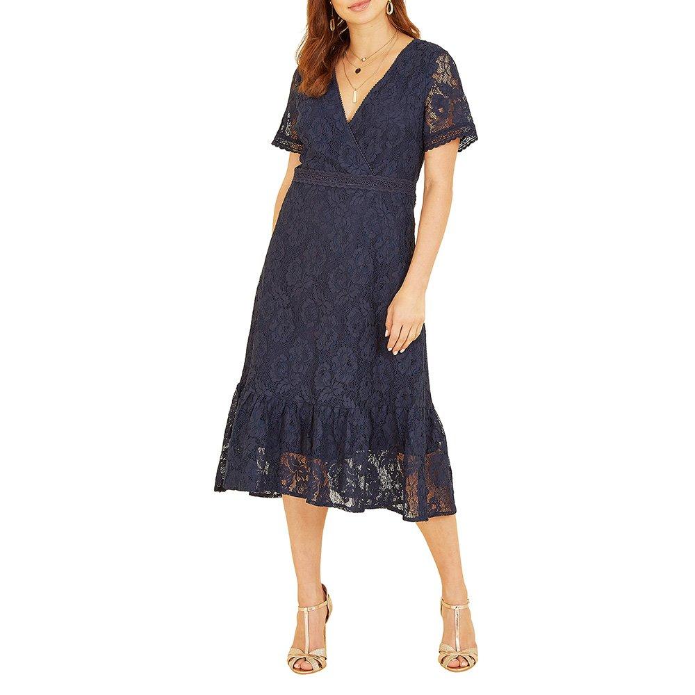 Navy - Yumi - Women's Green Lace Skater Ruffle Hem Midi Tea Dress - 2