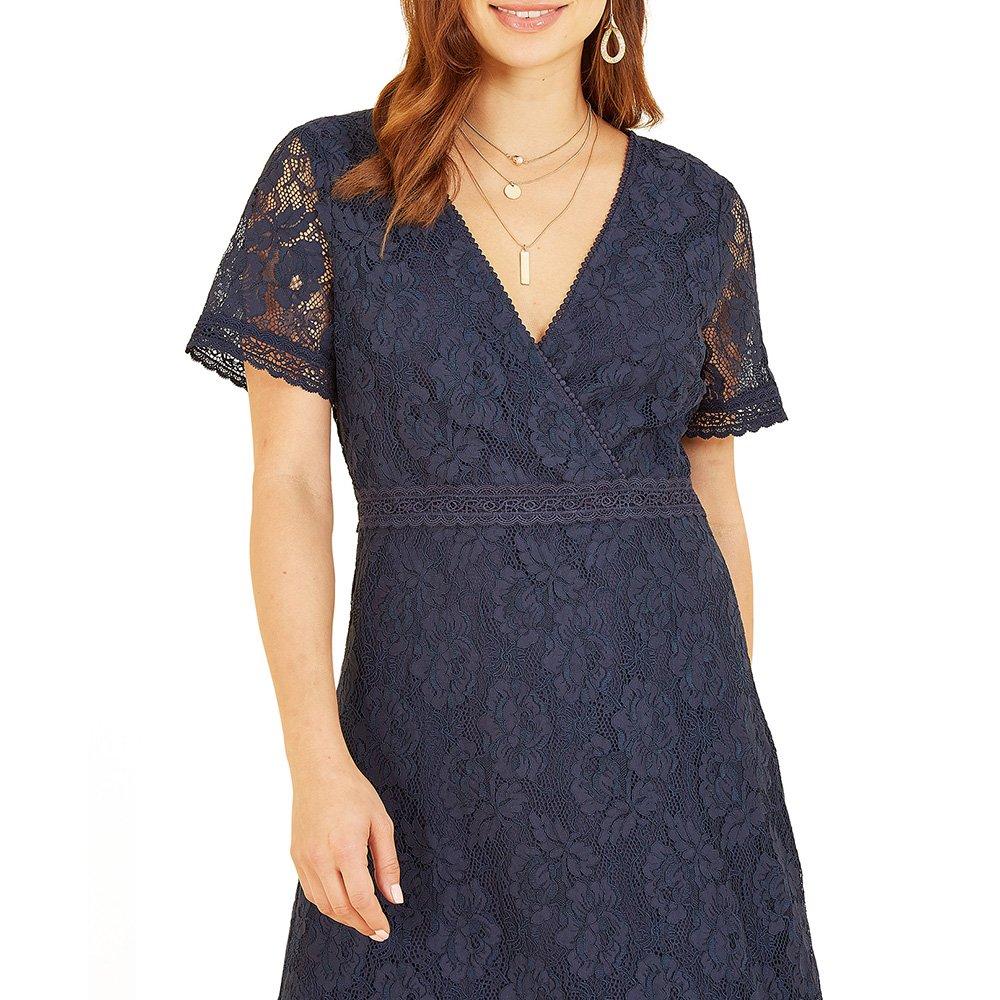 Navy - Yumi - Women's Green Lace Skater Ruffle Hem Midi Tea Dress - 3