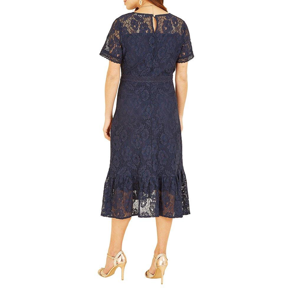 Navy - Yumi - Women's Green Lace Skater Ruffle Hem Midi Tea Dress - 4