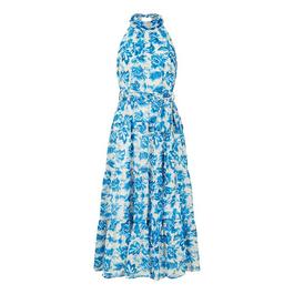 Yumi Yumi Blue Leaf Print Halter Neck Midi Dress