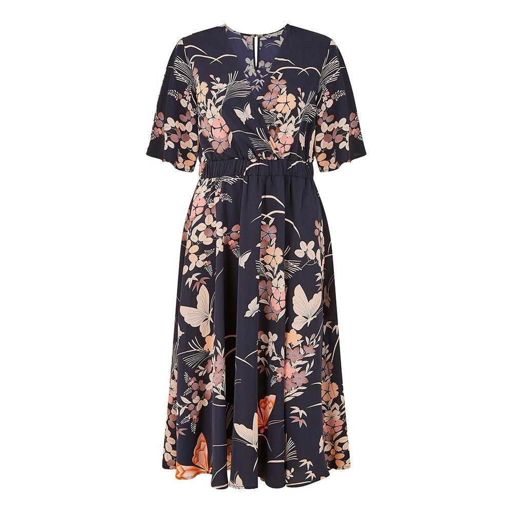 Blue - Yumi - Women's Navy Butterfly Print Midi Wrap Dress - 1