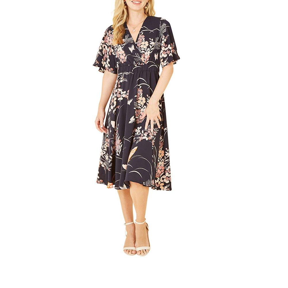 Blue - Yumi - Women's Navy Butterfly Print Midi Wrap Dress - 2