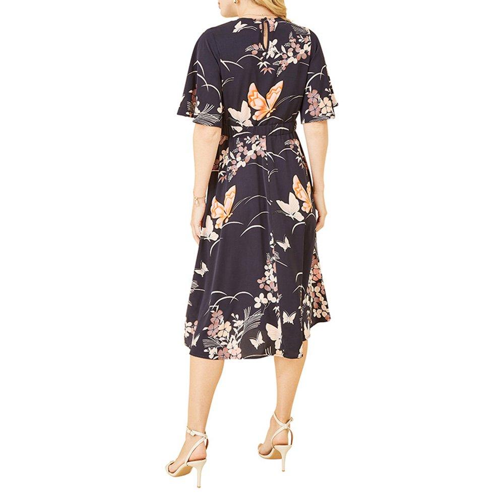 Blue - Yumi - Women's Navy Butterfly Print Midi Wrap Dress - 4