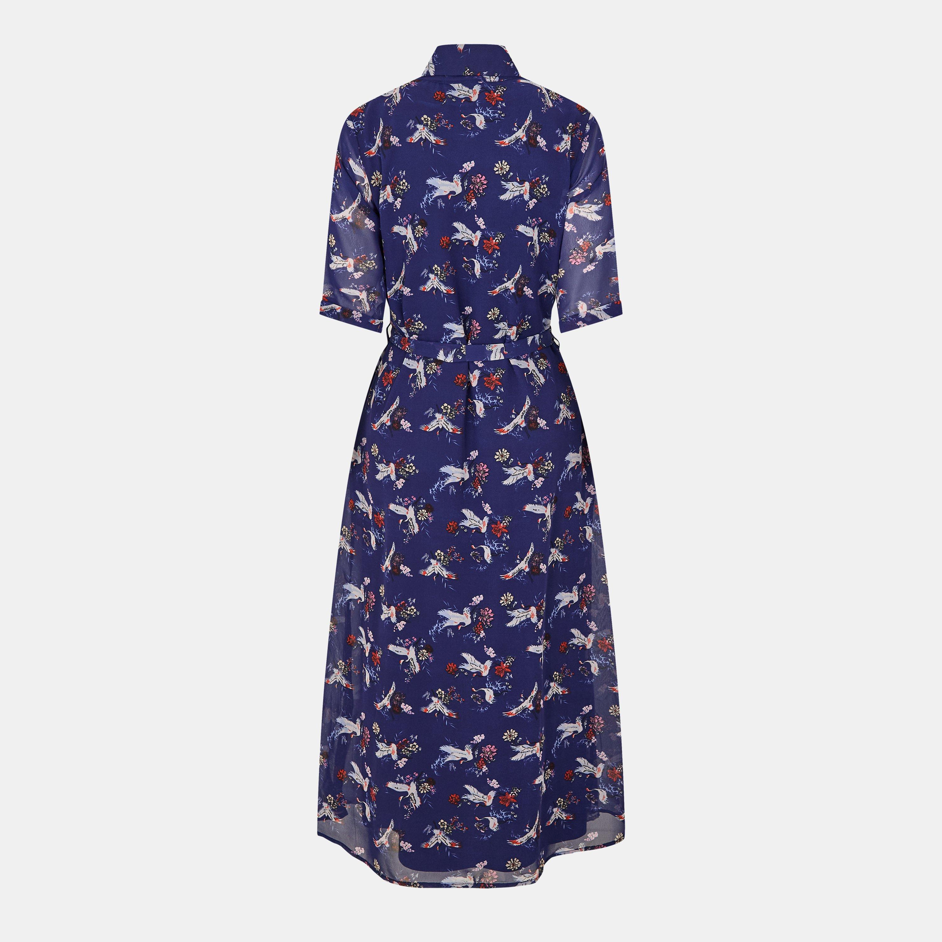 Navy - Yumi - Women's Navy Crane Print Midi Shirt Dress - 2