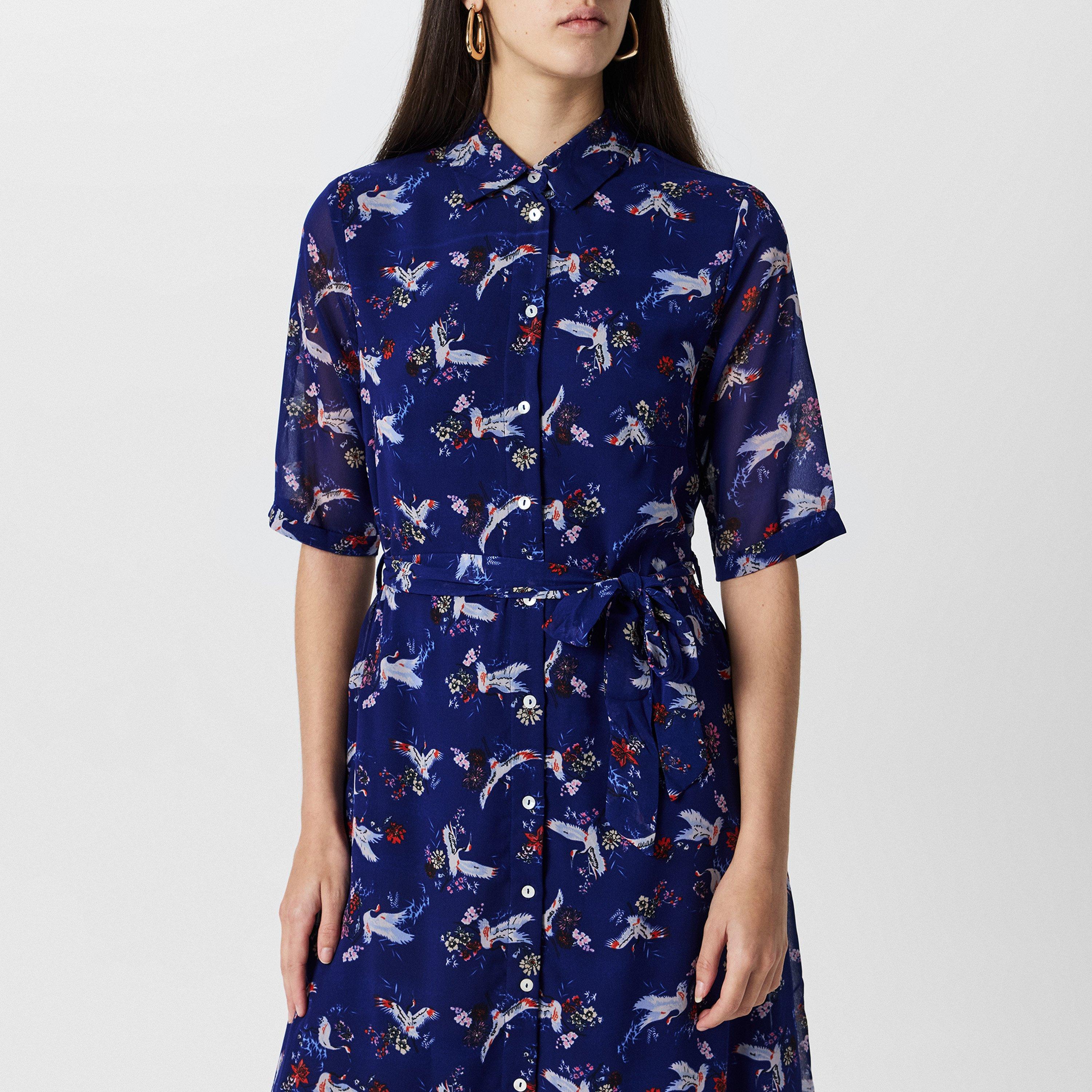 Navy - Yumi - Women's Navy Crane Print Midi Shirt Dress - 3