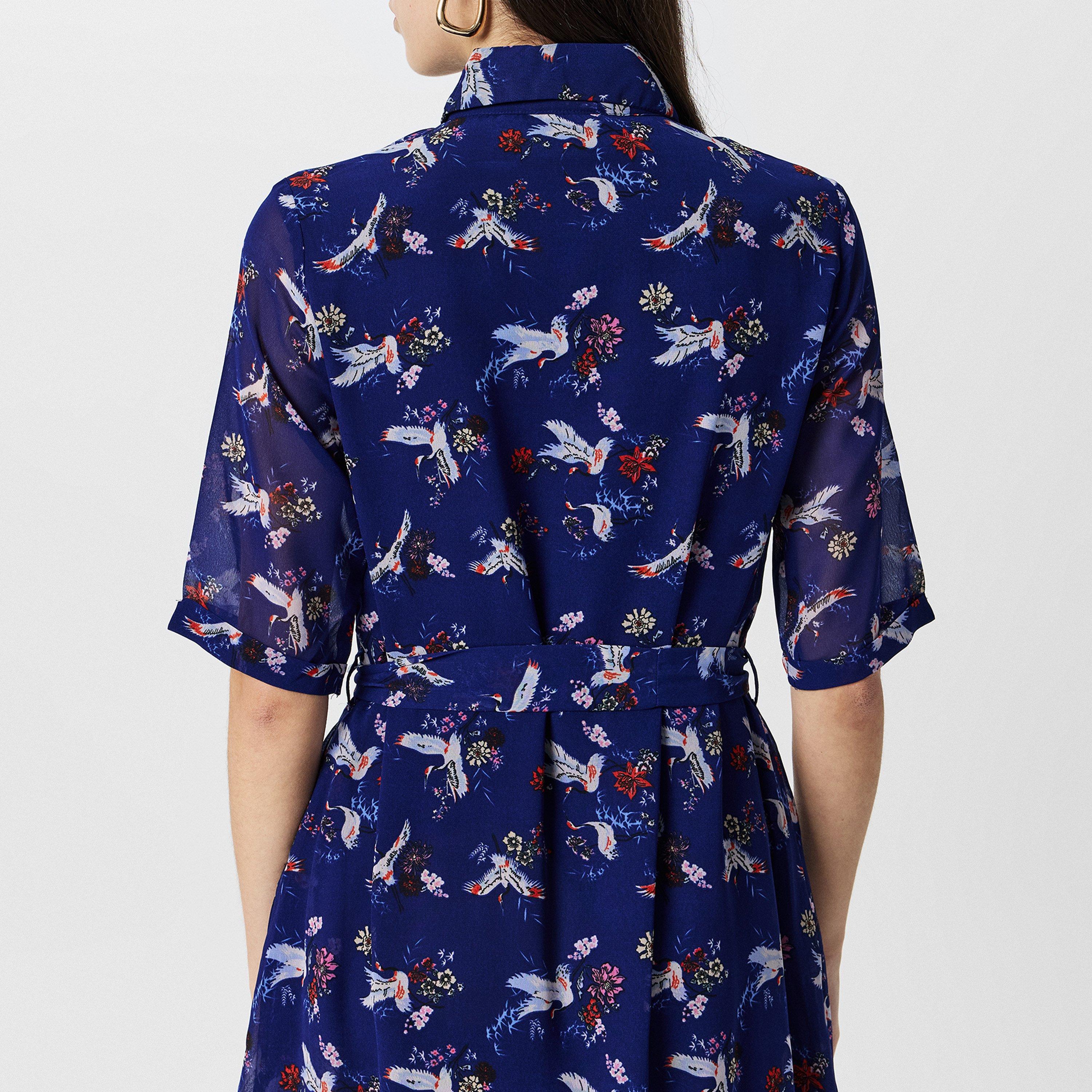 Navy - Yumi - Women's Navy Crane Print Midi Shirt Dress - 4