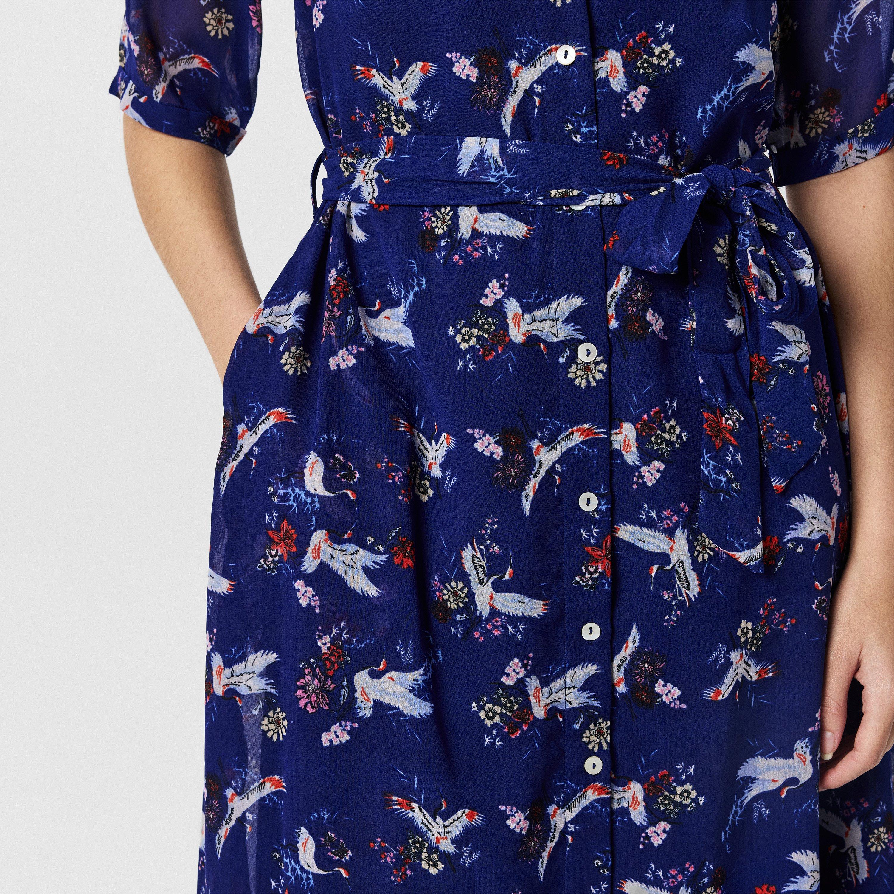 Navy - Yumi - Women's Navy Crane Print Midi Shirt Dress - 5