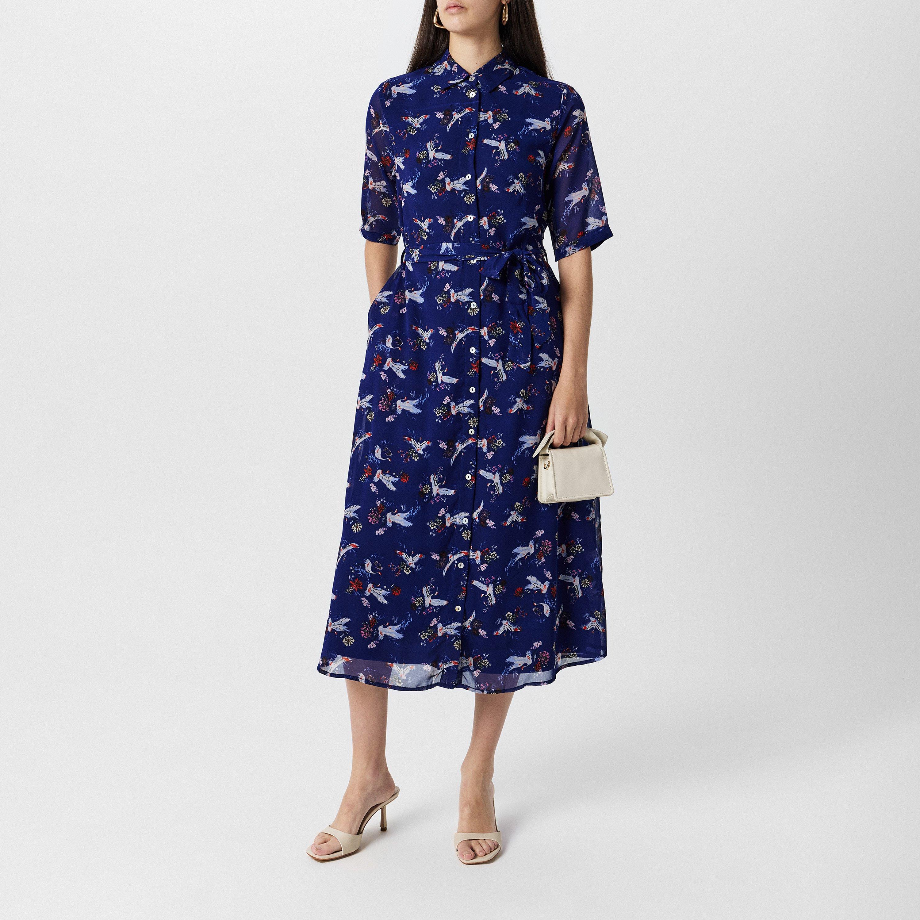 Navy - Yumi - Women's Navy Crane Print Midi Shirt Dress - 6