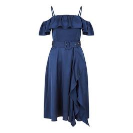 Yumi Yumi Navy Bardot Satin Frill Dress With Belt