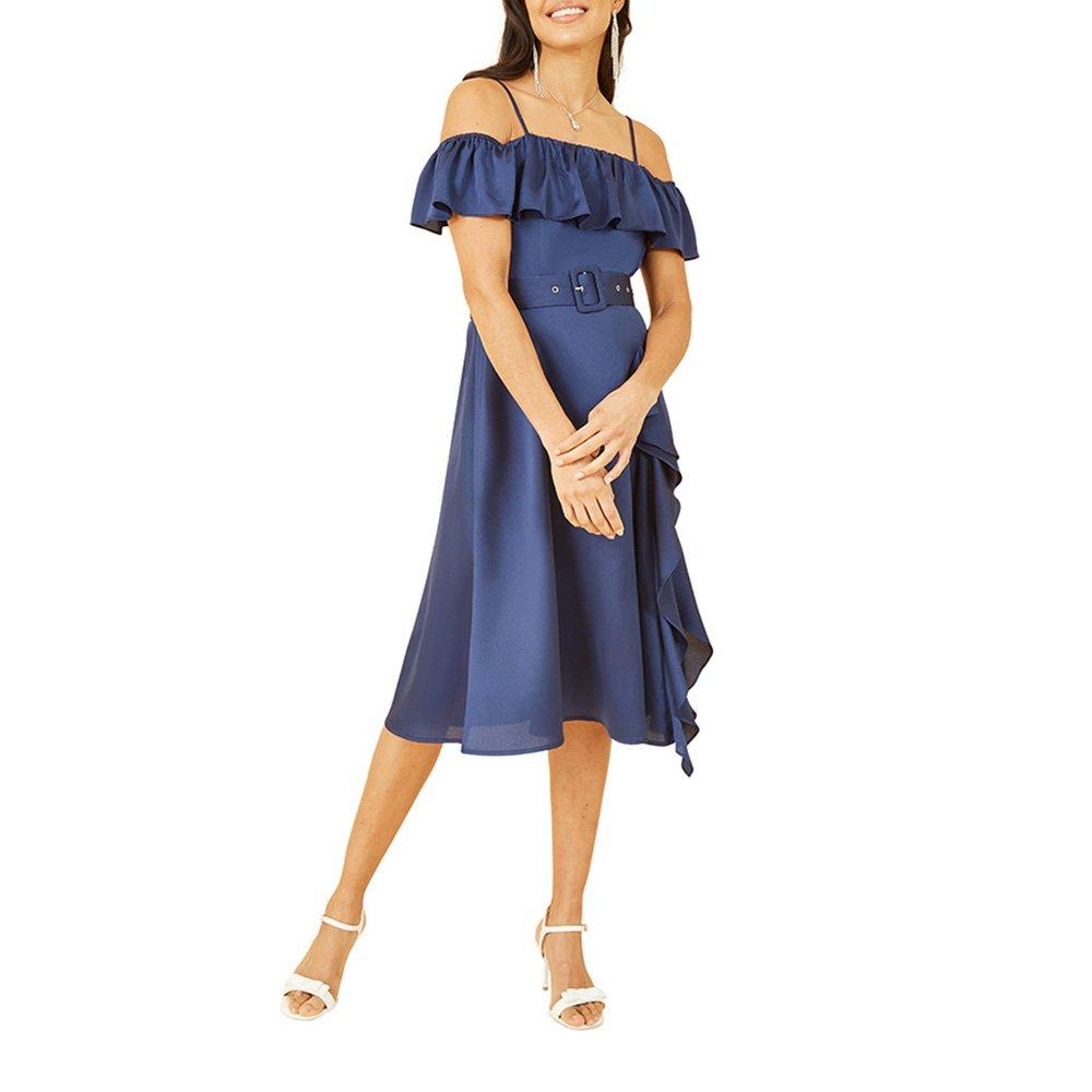 Navy - Yumi - Women's Navy Bardot Satin Frill Belted Slip Dress - 2