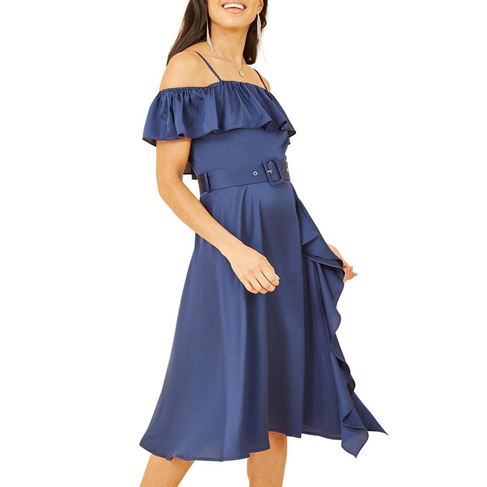 Navy - Yumi - Women's Navy Bardot Satin Frill Belted Slip Dress - 3
