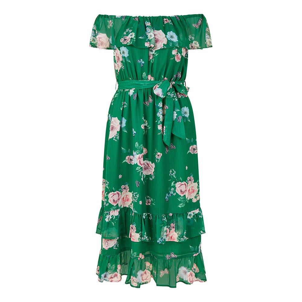 Green - Yumi - Women's Green Floral Bardot Midi Swing Dress - 1