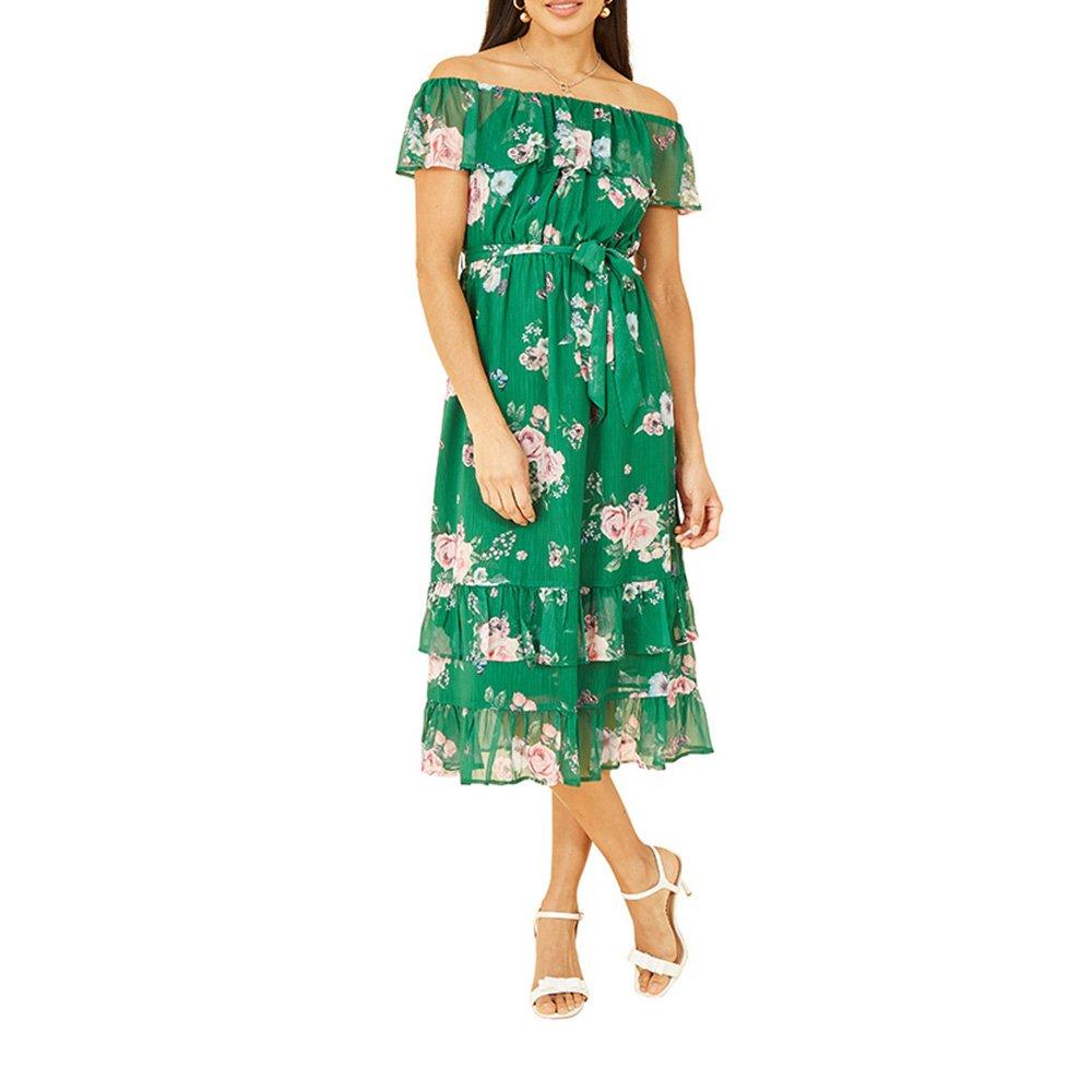 Green - Yumi - Women's Green Floral Bardot Midi Swing Dress - 2