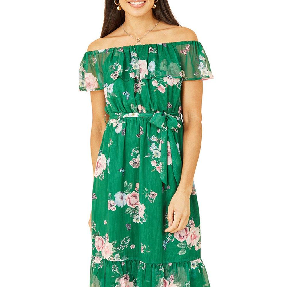 Green - Yumi - Women's Green Floral Bardot Midi Swing Dress - 3