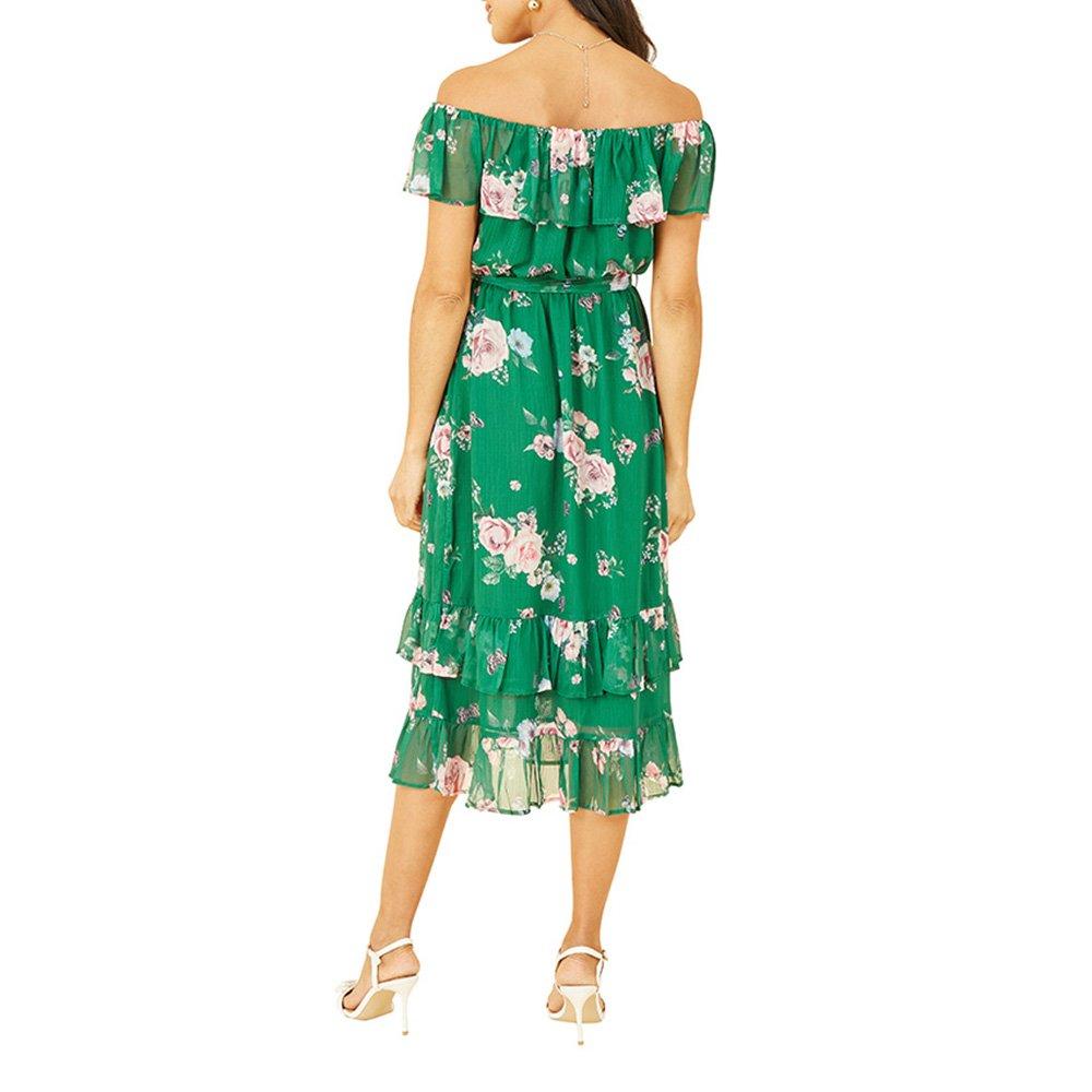 Green - Yumi - Women's Green Floral Bardot Midi Swing Dress - 4