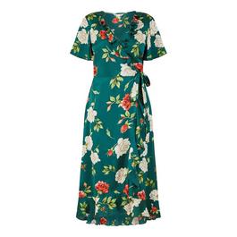 Yumi Yumi Green Satin Rose Print Wrap Dress