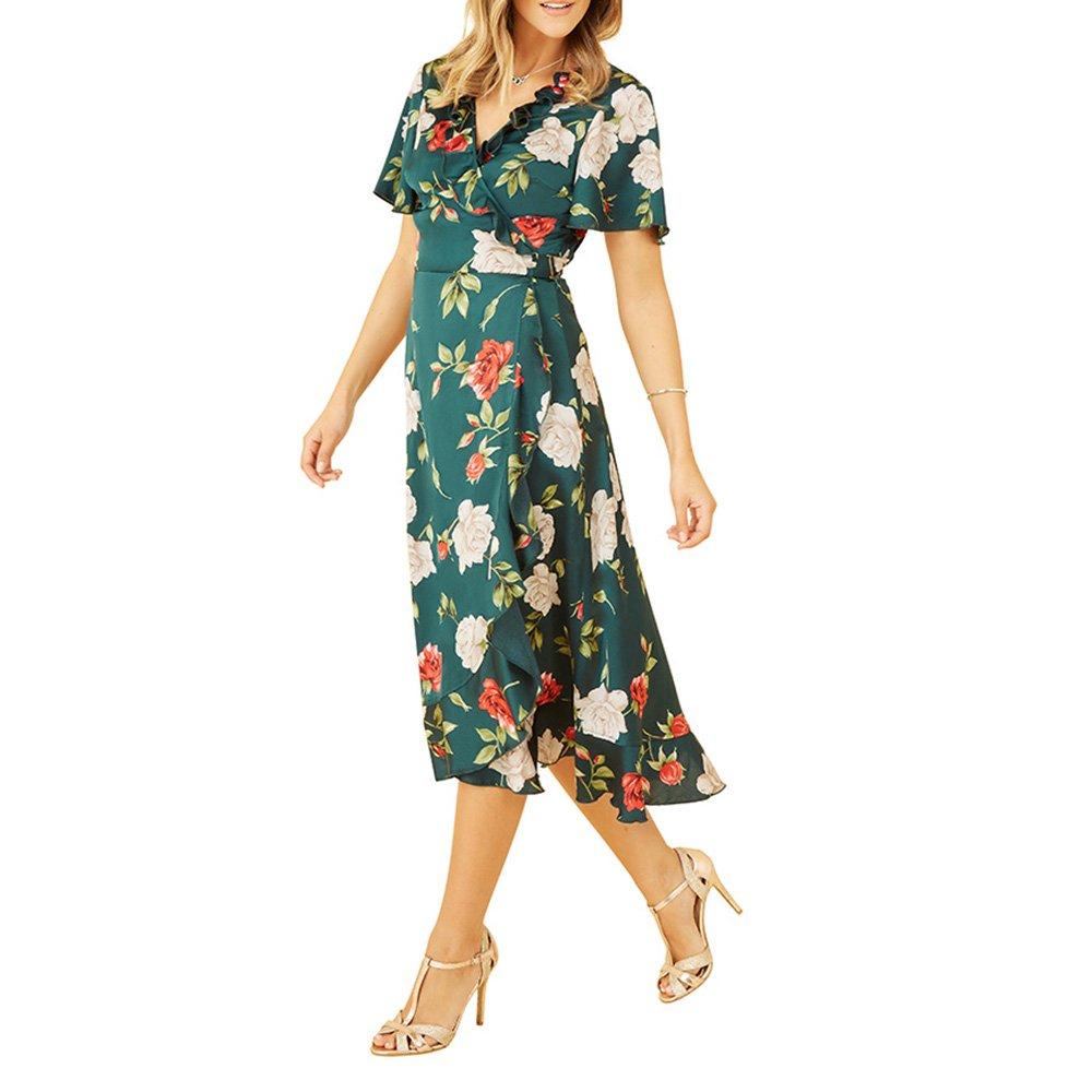 Green - Yumi - Women's Green Satin Rose Print Wrap Dress - 2