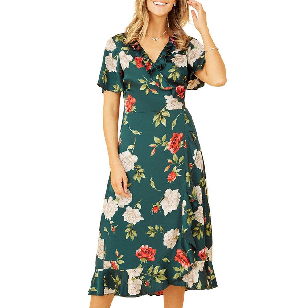 Green - Yumi - Women's Green Satin Rose Print Wrap Dress - 3