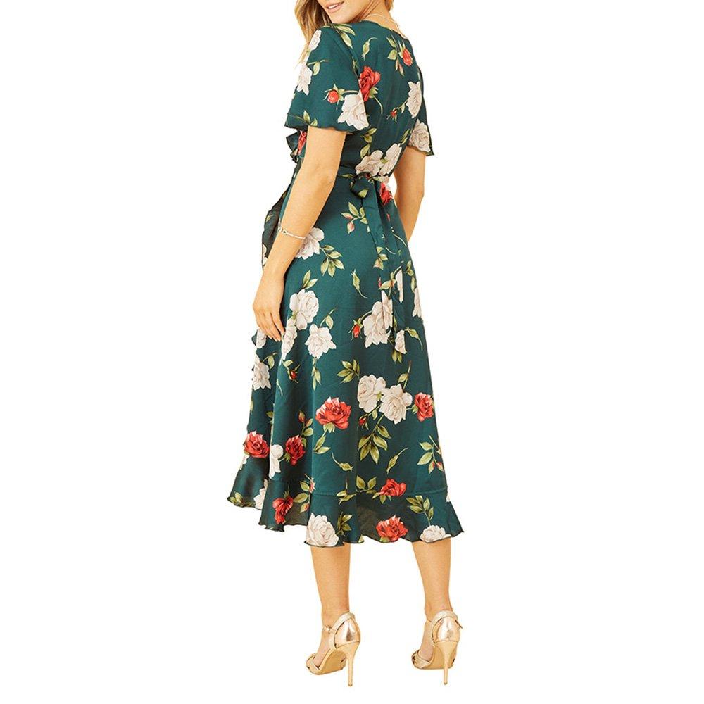Green - Yumi - Women's Green Satin Rose Print Wrap Dress - 4
