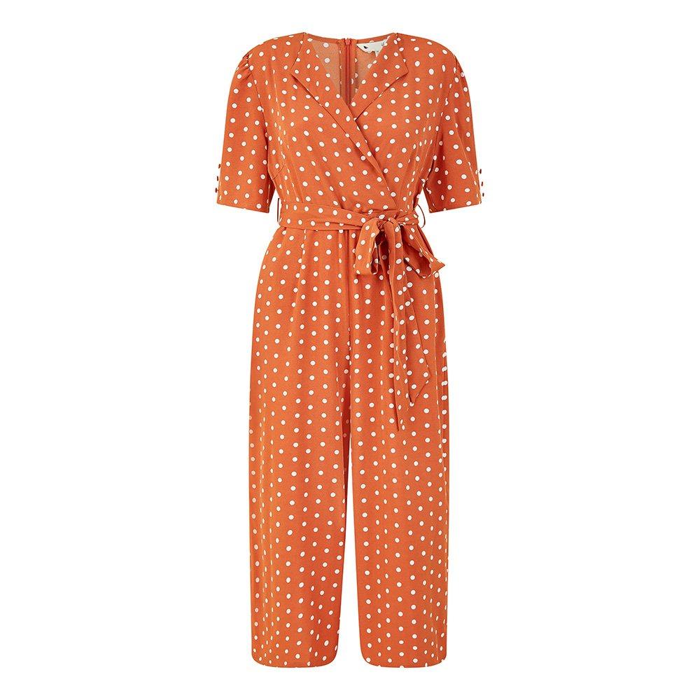 Burnt Orange - Yumi - Women's Navy Spot Print Retro Culotte Jumpsuit - 1