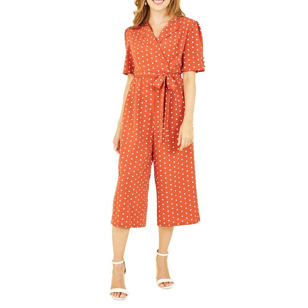 Burnt Orange - Yumi - Women's Navy Spot Print Retro Culotte Jumpsuit - 2