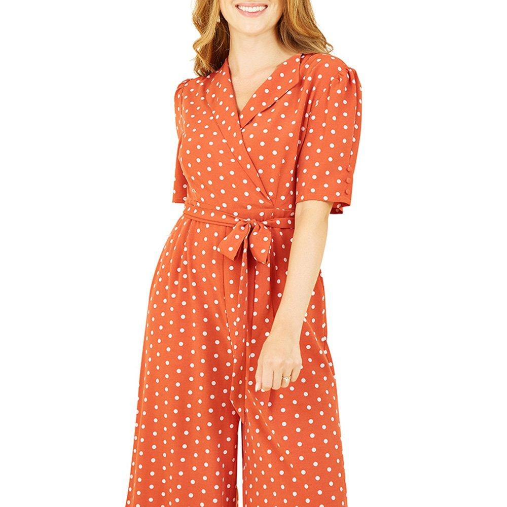 Burnt Orange - Yumi - Women's Navy Spot Print Retro Culotte Jumpsuit - 3