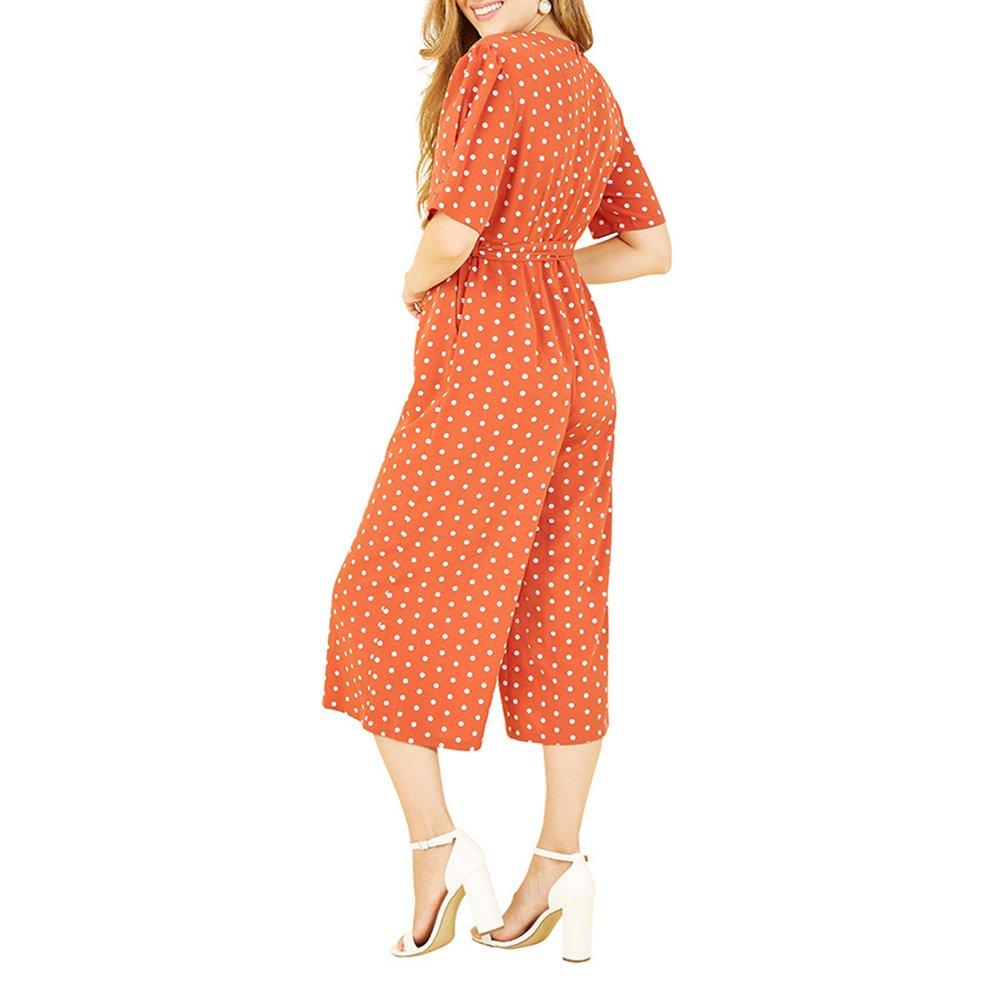 Burnt Orange - Yumi - Women's Navy Spot Print Retro Culotte Jumpsuit - 4