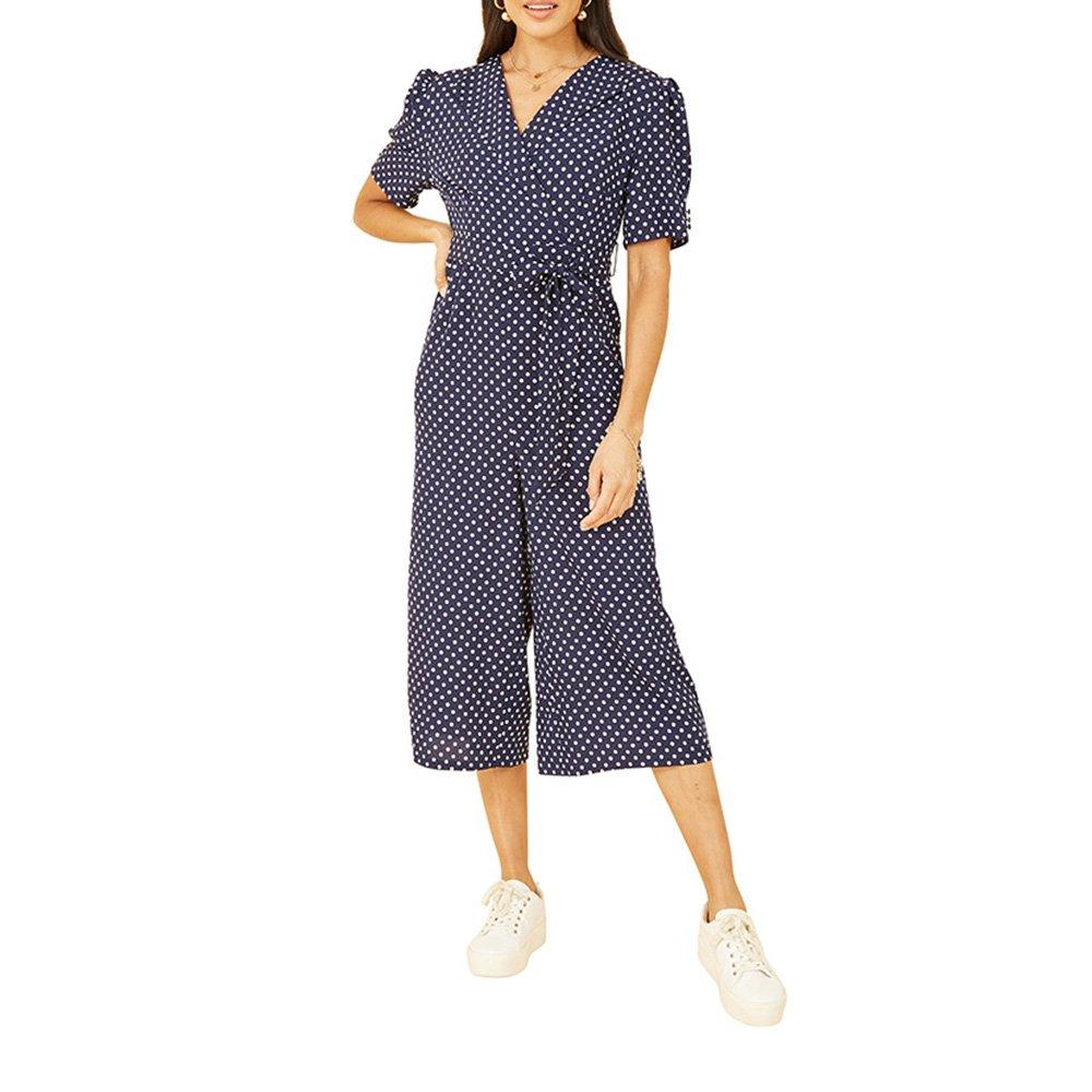 Navy - Yumi - Women's Navy Spot Print Retro Culotte Jumpsuit - 2