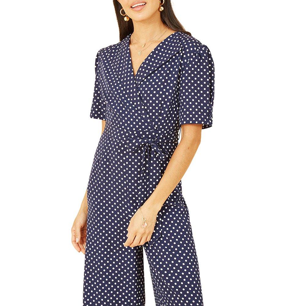 Navy - Yumi - Women's Navy Spot Print Retro Culotte Jumpsuit - 3