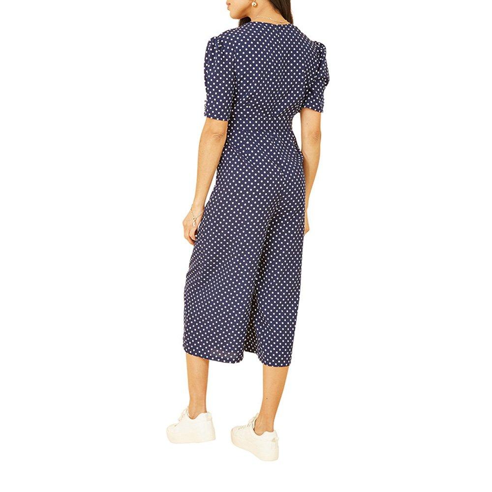 Navy - Yumi - Women's Navy Spot Print Retro Culotte Jumpsuit - 4