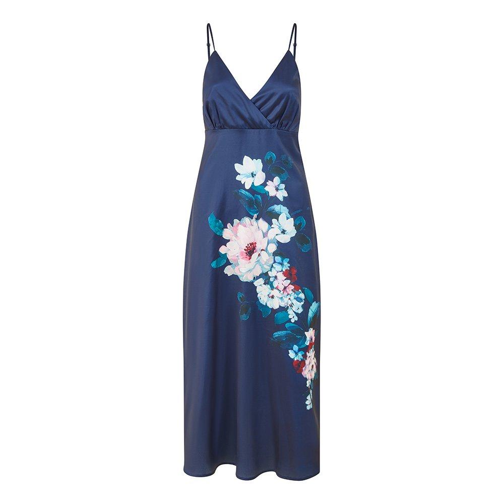 Navy Satin - Yumi - Women's Navy Satin Floral Slip Dress - 1