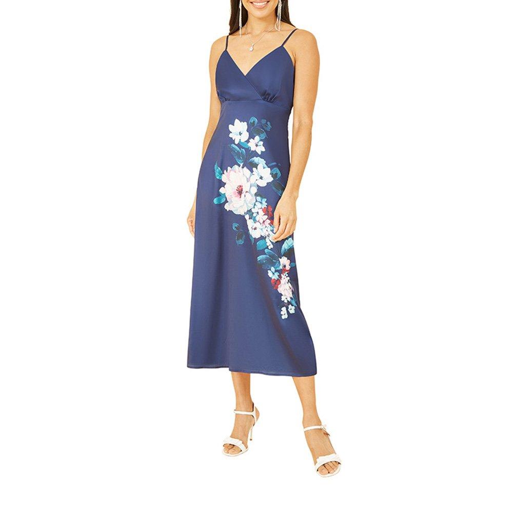 Navy Satin - Yumi - Women's Navy Satin Floral Slip Dress - 2