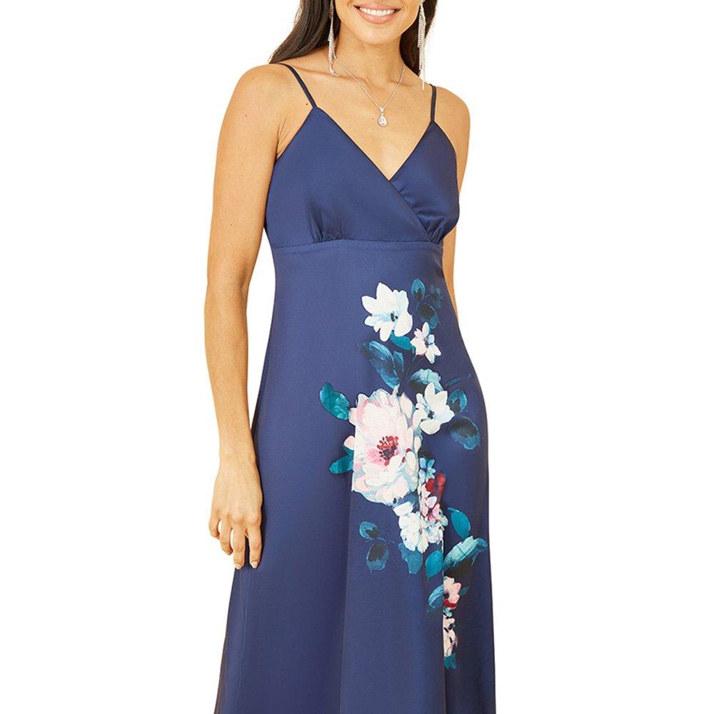 Navy Satin - Yumi - Women's Navy Satin Floral Slip Dress - 3