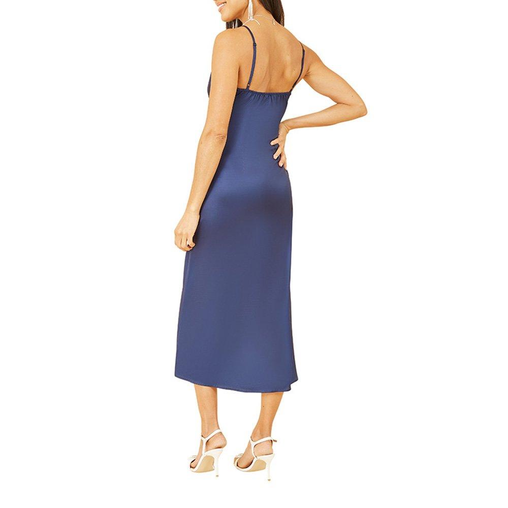 Navy Satin - Yumi - Women's Navy Satin Floral Slip Dress - 4