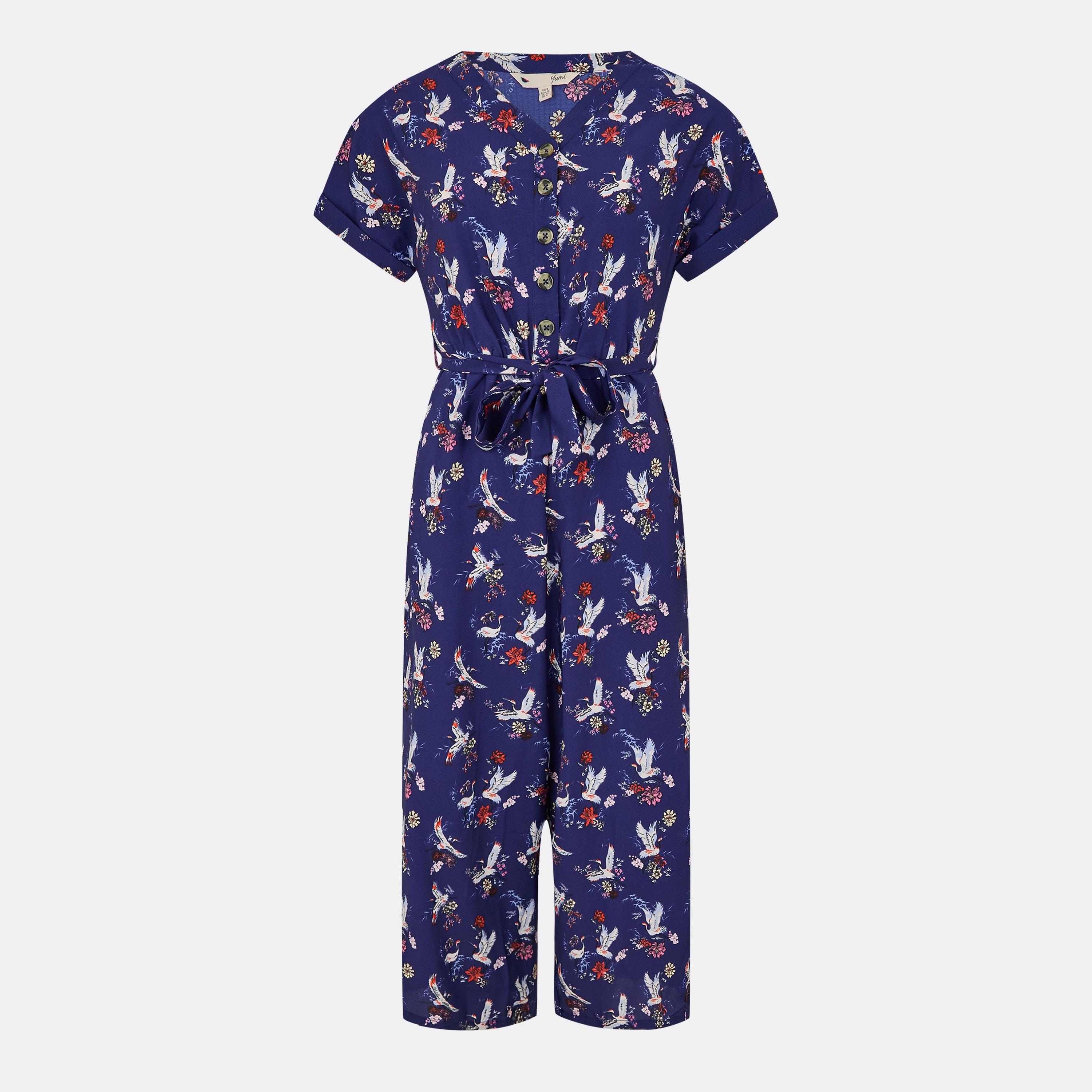 Navy - Yumi - Women's Navy Crane Print Culotte Jumpsuit - 1
