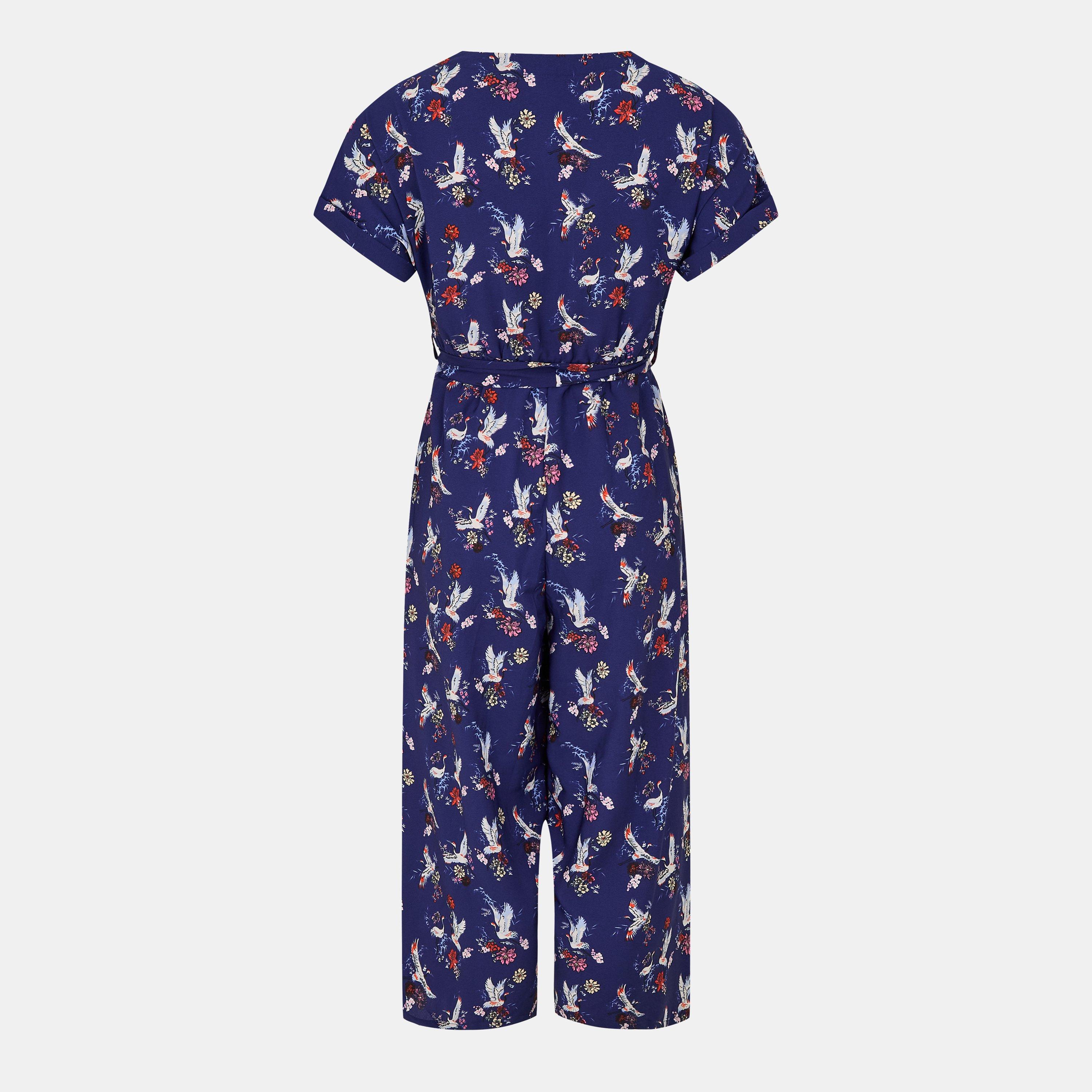 Navy - Yumi - Women's Navy Crane Print Culotte Jumpsuit - 2