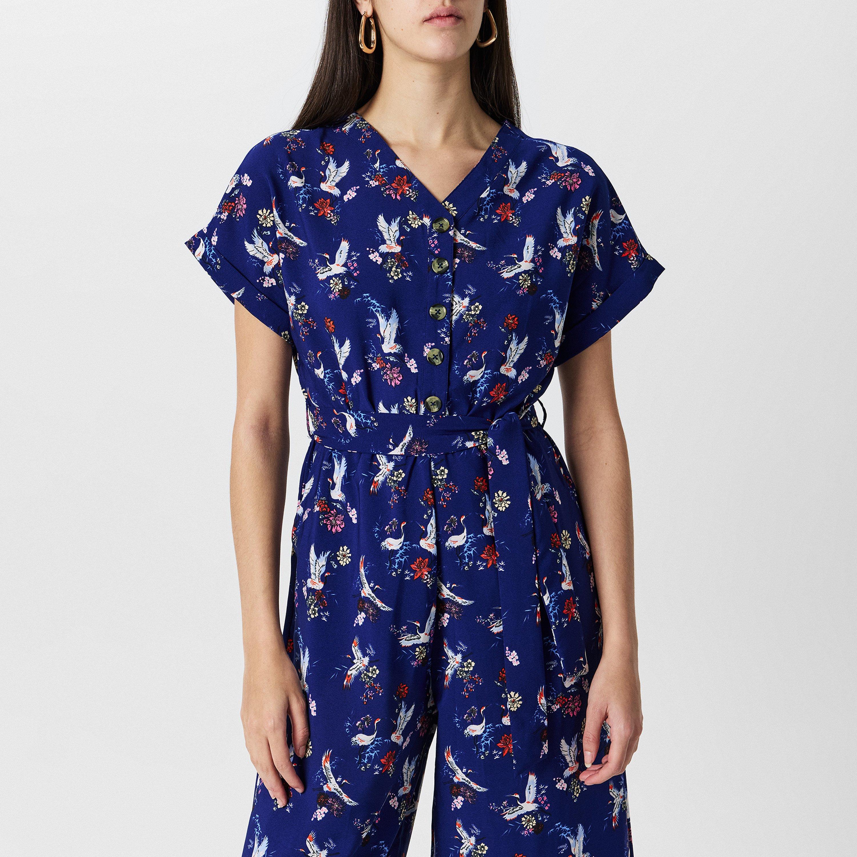 Navy - Yumi - Women's Navy Crane Print Culotte Jumpsuit - 3