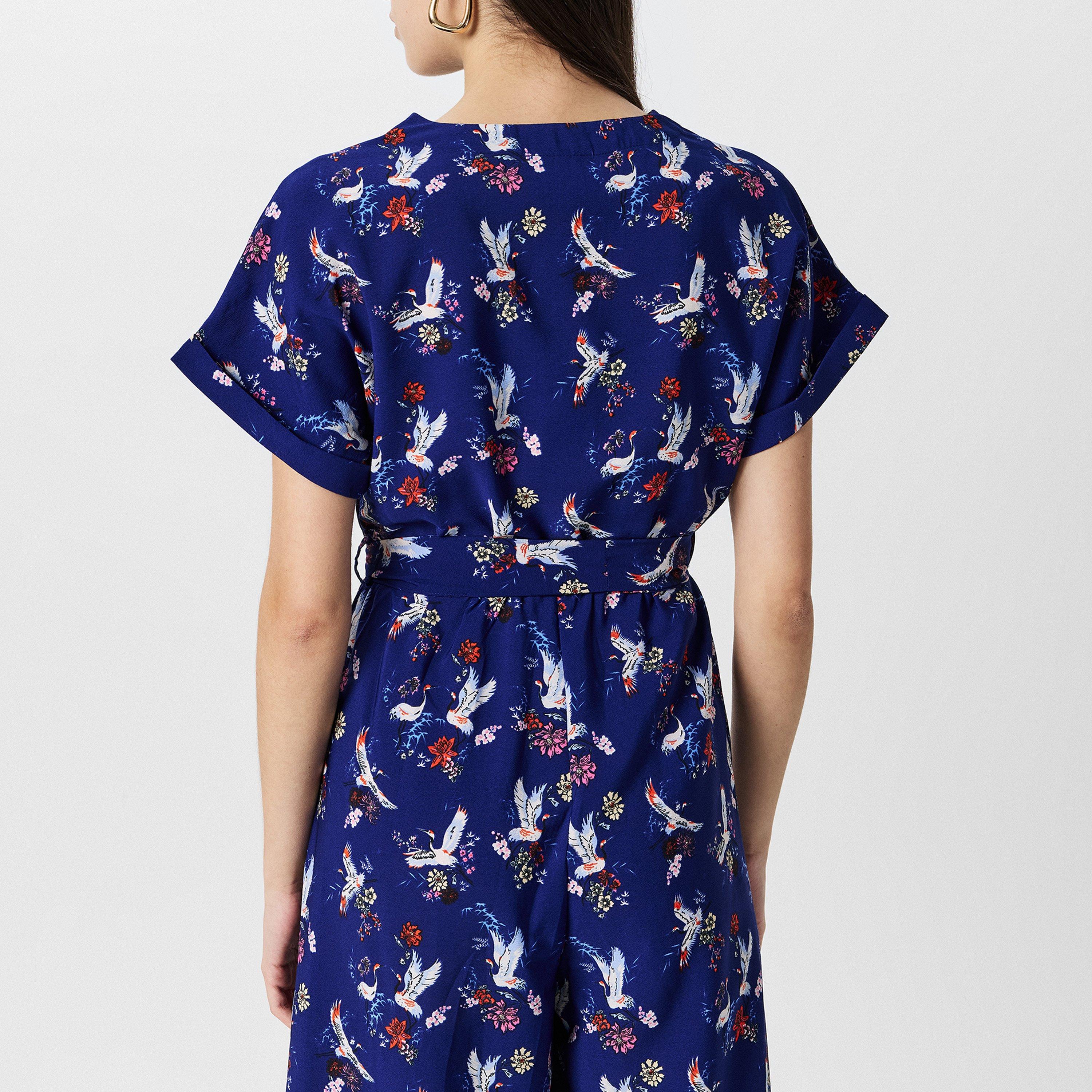 Navy - Yumi - Women's Navy Crane Print Culotte Jumpsuit - 4