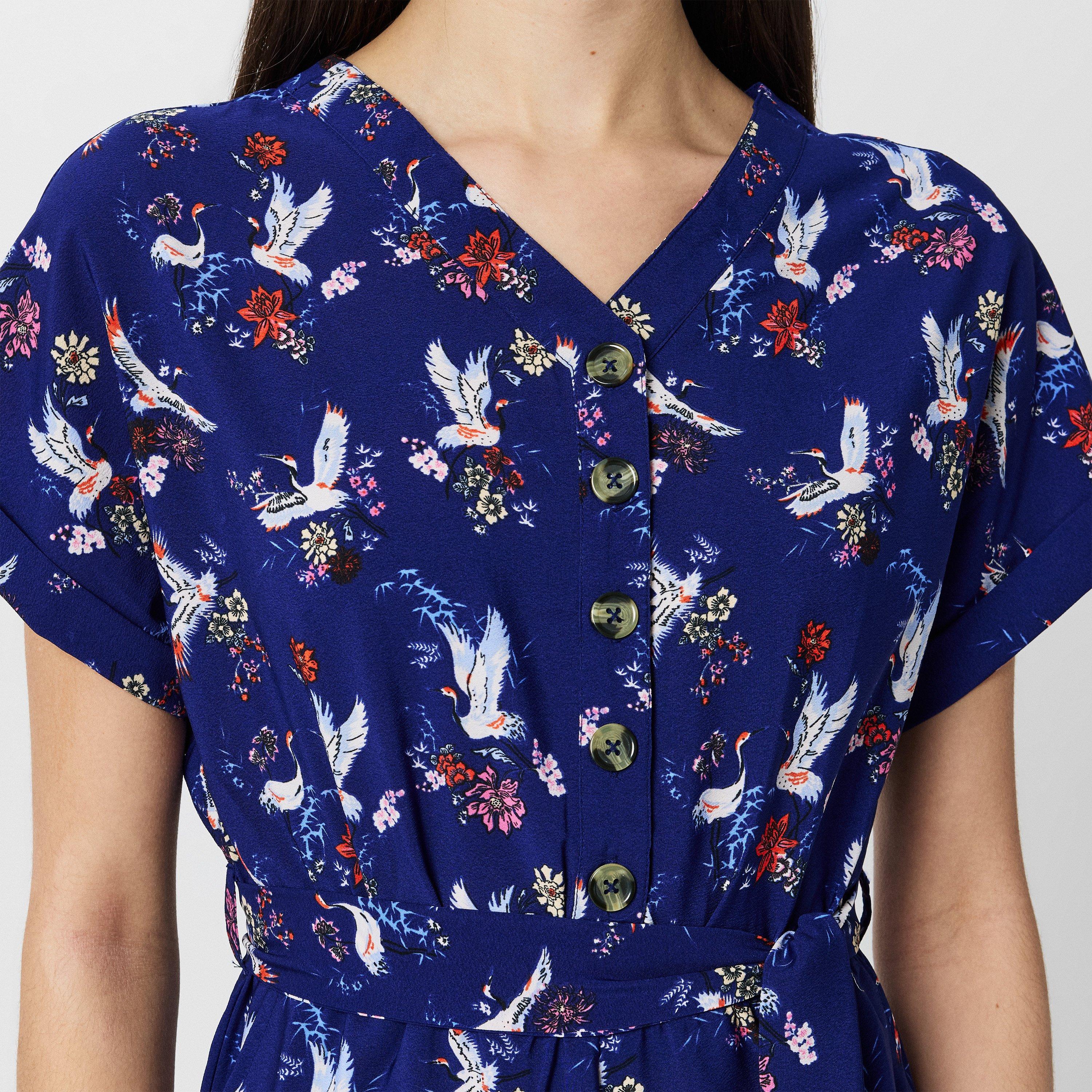 Navy - Yumi - Women's Navy Crane Print Culotte Jumpsuit - 5