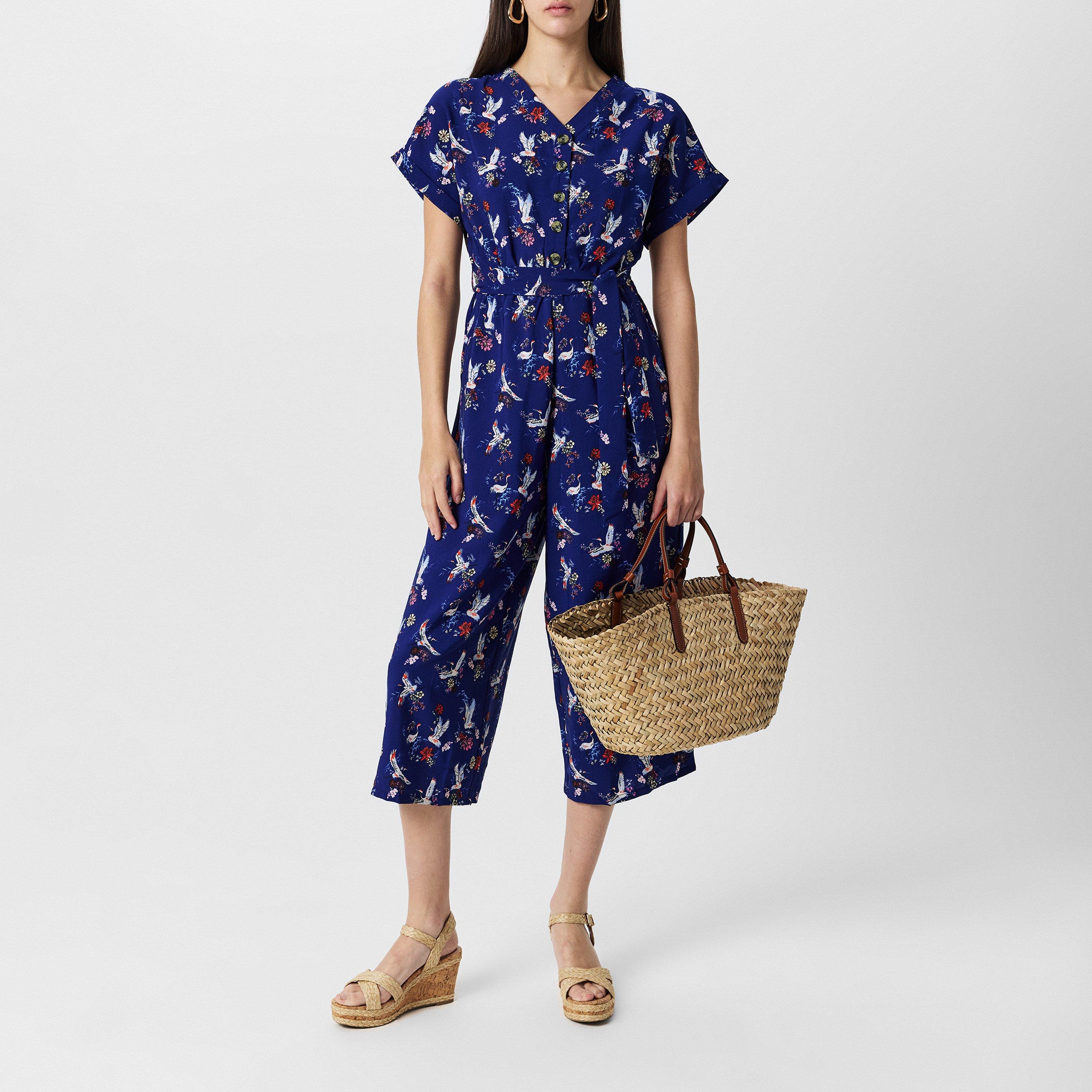 Navy - Yumi - Women's Navy Crane Print Culotte Jumpsuit - 6