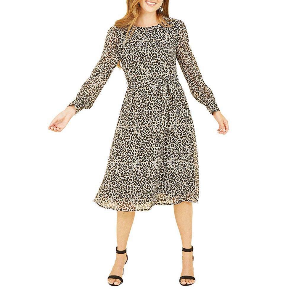 Leopard - Yumi - Women's Black Leopard Long-Sleeve Skater Dress - 2