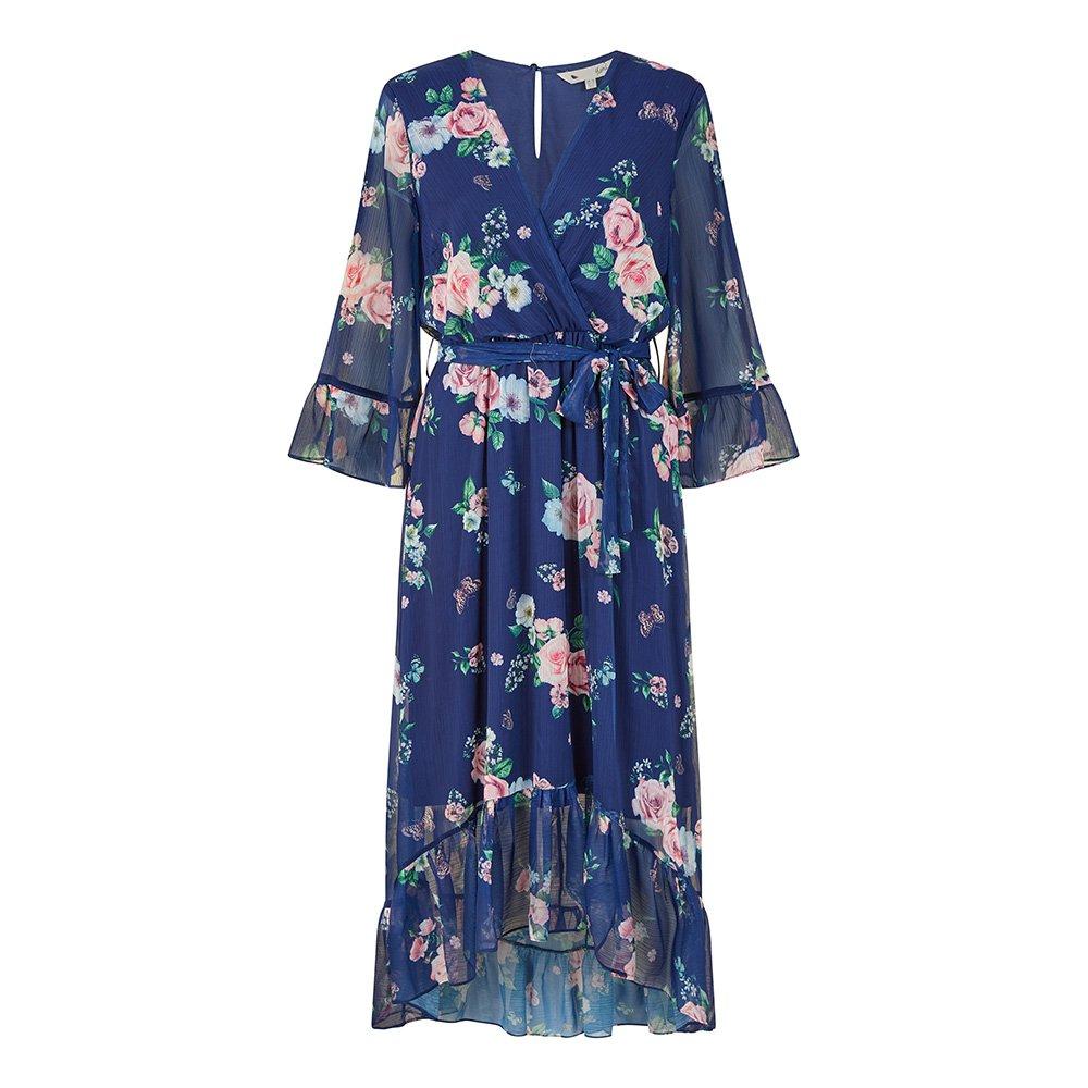 Navy - Yumi - Green Floral Wrap Dress With Dipped Hem - 1