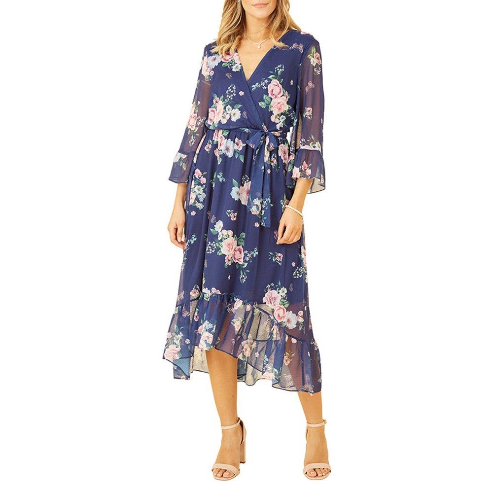 Navy - Yumi - Green Floral Wrap Dress With Dipped Hem - 2