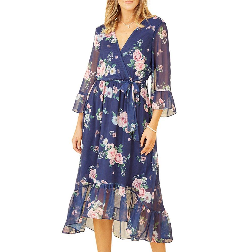 Navy - Yumi - Green Floral Wrap Dress With Dipped Hem - 3