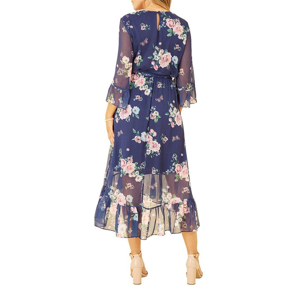 Navy - Yumi - Green Floral Wrap Dress With Dipped Hem - 4