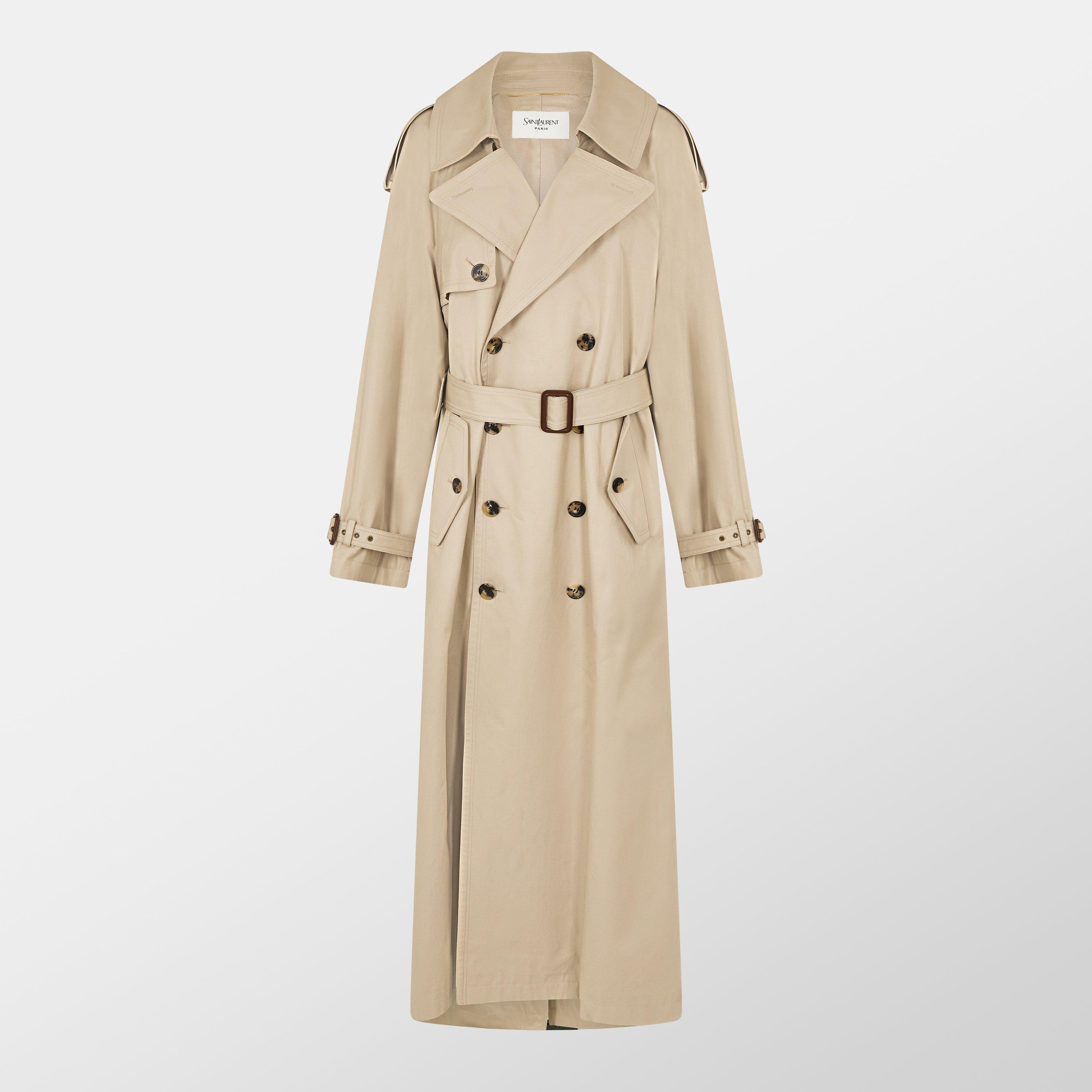 Beige - Saint Laurent - Women's Saint Lauren Cotton Long Sleeve Double-Breasted Trench Coat - 1