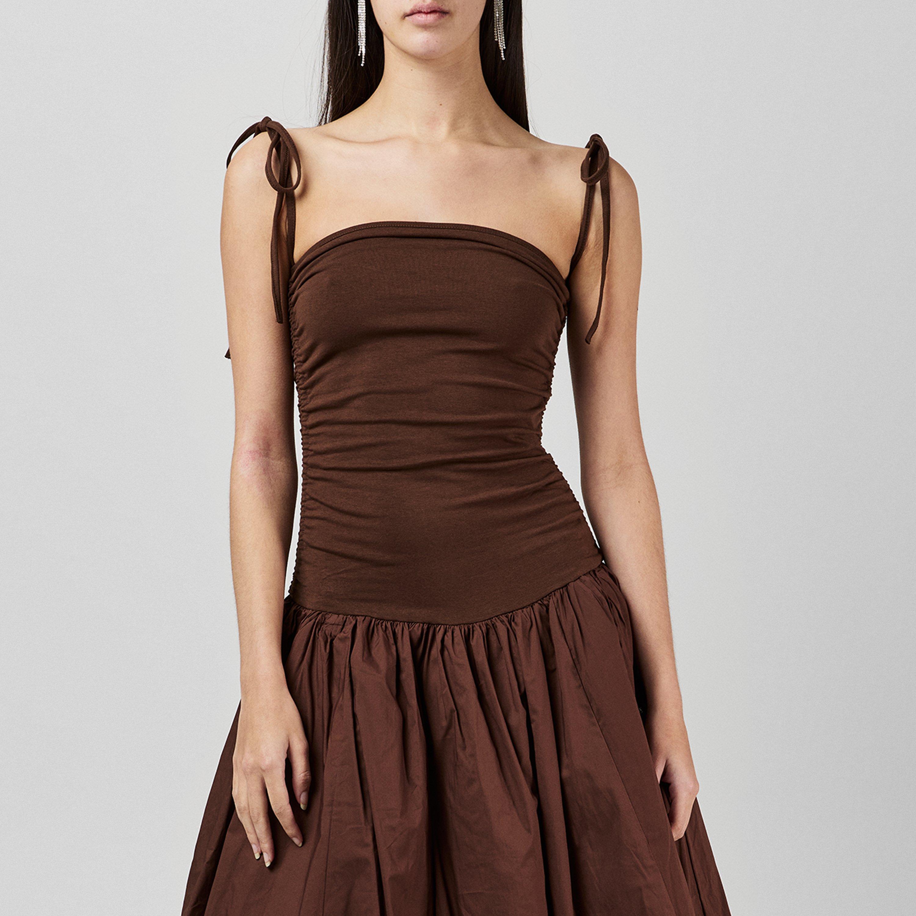 Chocolate - AmyLynn - Women's Amy Lynn Alexa Shoulder Tie Ultra Mini Peplum Dress - 4